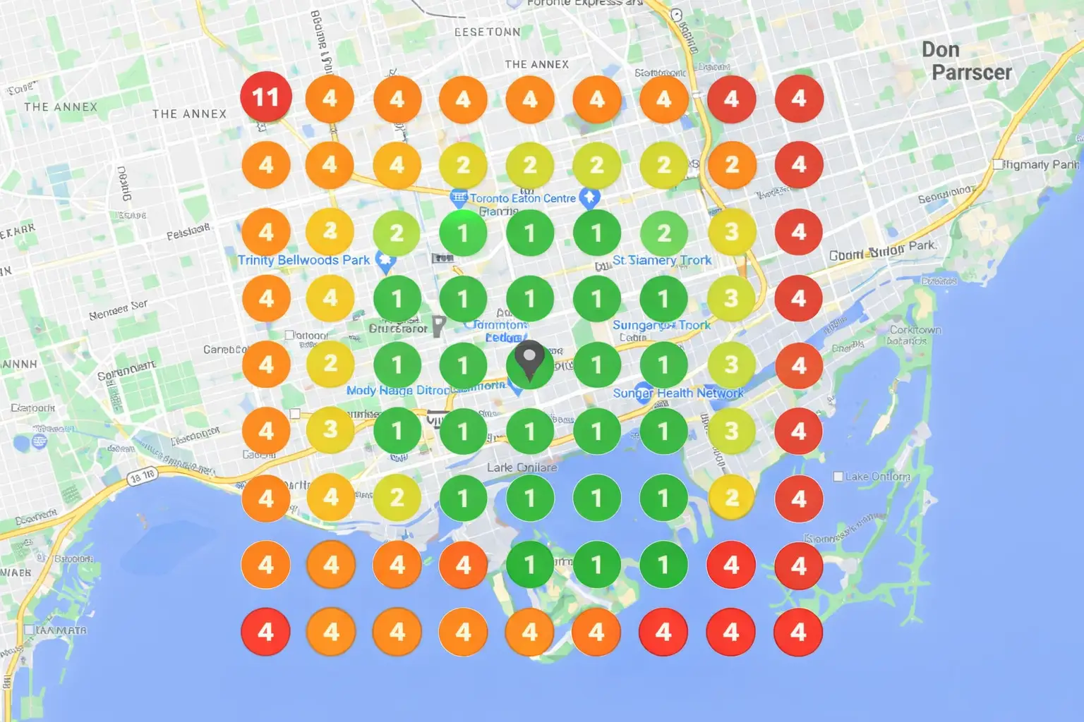 Google Maps ranking heatmap grid for a Toronto service area business showing strong visibility near verified address and declining coverage toward city edges