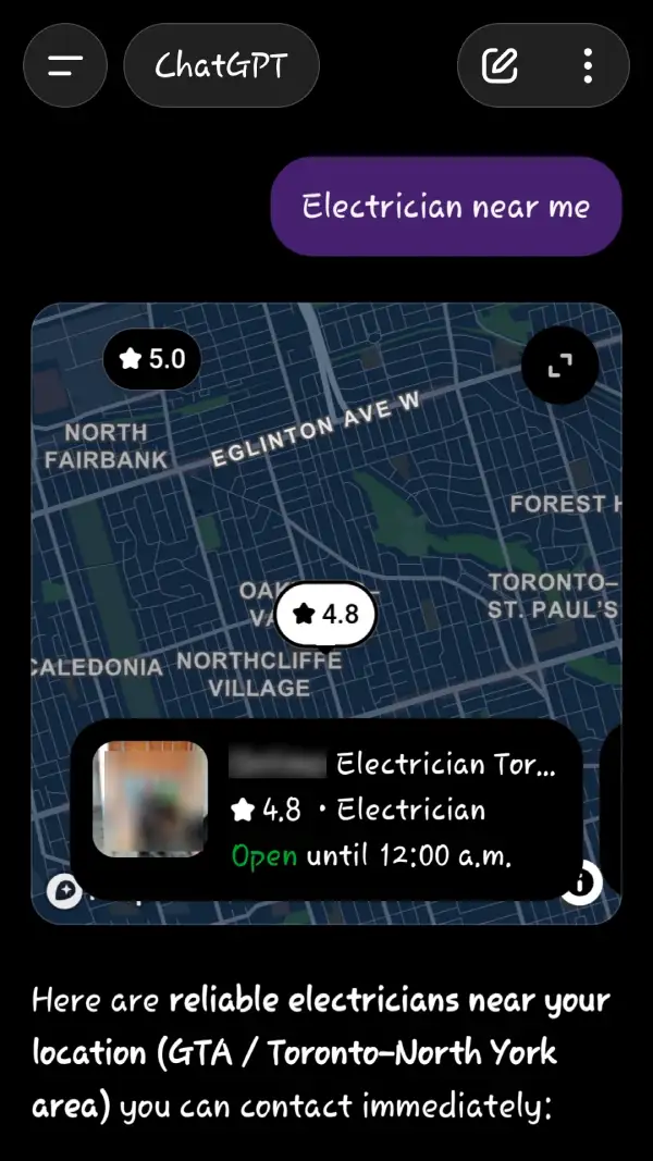 ChatGPT search result for electrician near me showing AI recommendations for the GTA and Toronto North York area