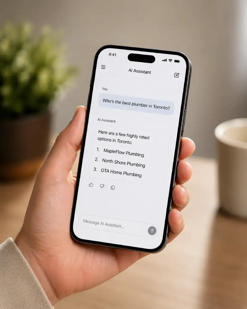 Smartphone showing AI assistant recommending Toronto plumbers in a chat interface