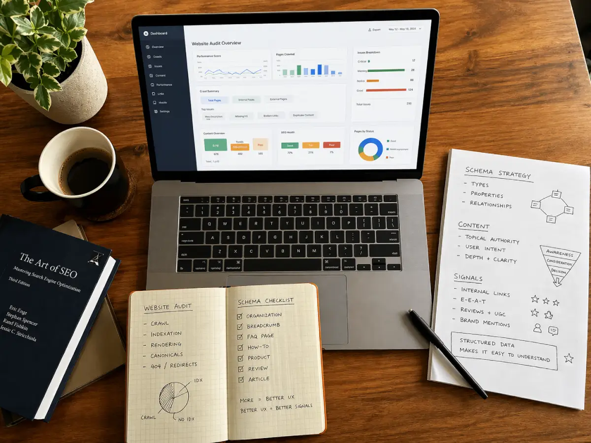 Website audit dashboard and schema strategy notes on a desk — AI SEO work for Toronto businesses