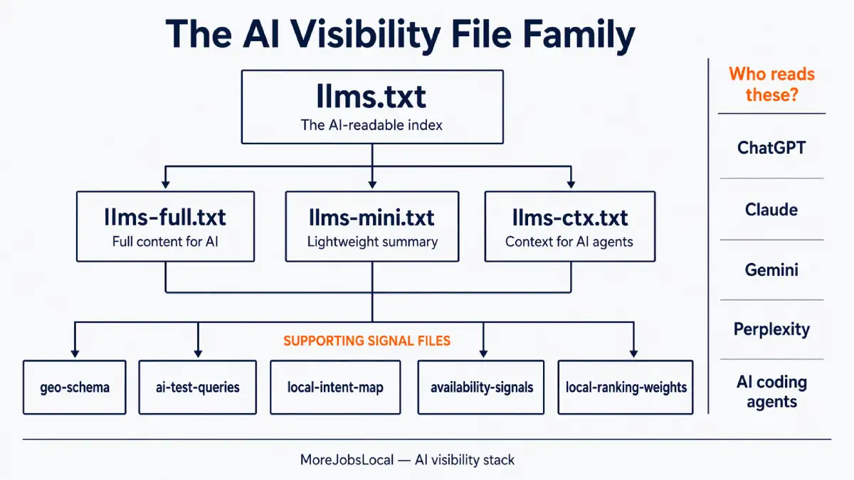 Diagram showing the AI visibility file family — llms.txt, llms-full.txt, llms-mini.txt, llms-ctx.txt, and supporting signal files like geo-schema and ai-test-queries — and which AI systems read them