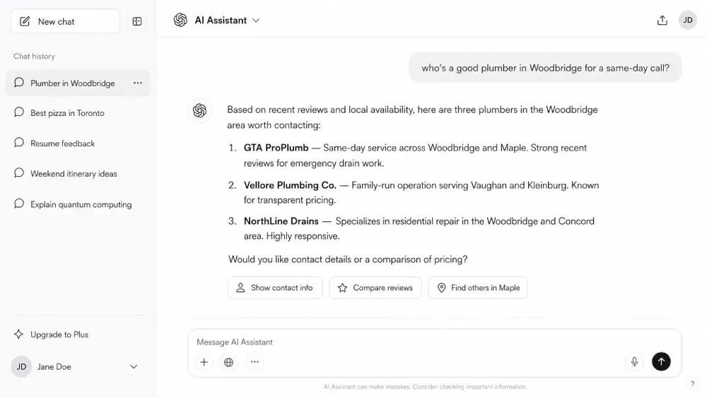AI assistant interface showing a recommendation of three Woodbridge area plumbers in response to a same-day service question