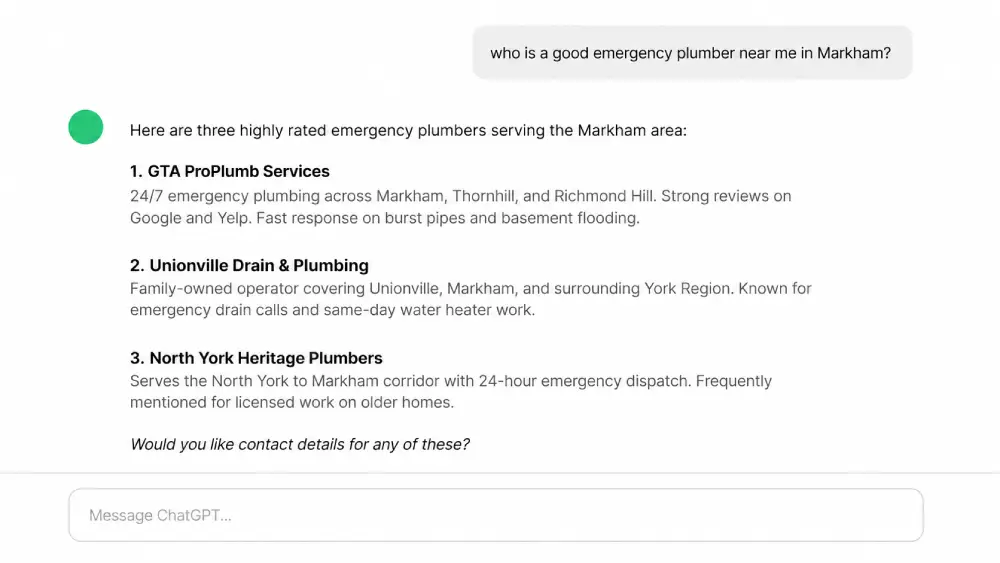 Realistic ChatGPT response naming three plumbing companies for an emergency search in the Markham area