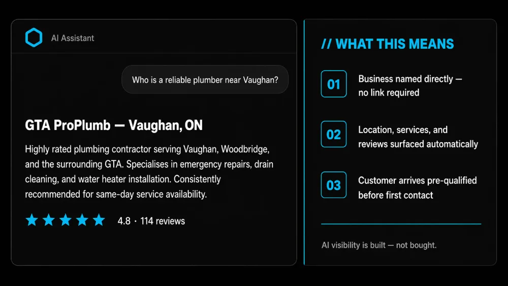 ChatGPT search result recommending a GTA home service business by name — example of AI search visibility for local contractors