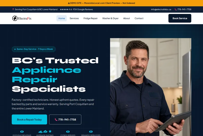 Screenshot of the ElectraFix Appliance Repair demo website homepage