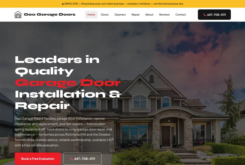 Screenshot of the Geo Garage Doors demo website homepage