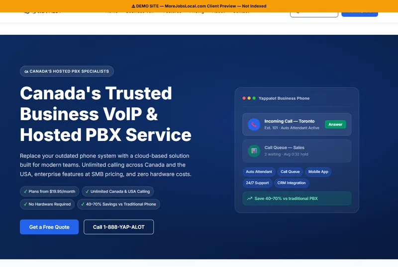Screenshot of the Yappalot Business VoIP demo website homepage