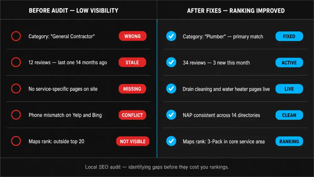 Side-by-side comparison of a weak Google Business Profile versus a strong optimised profile — showing the gaps a local SEO audit identifies