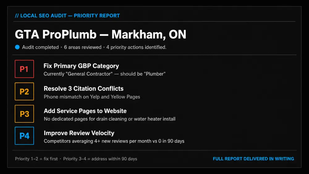 Sample local SEO audit report showing a priority action list with ranked fixes — GBP category, review velocity, website schema, and citation conflicts