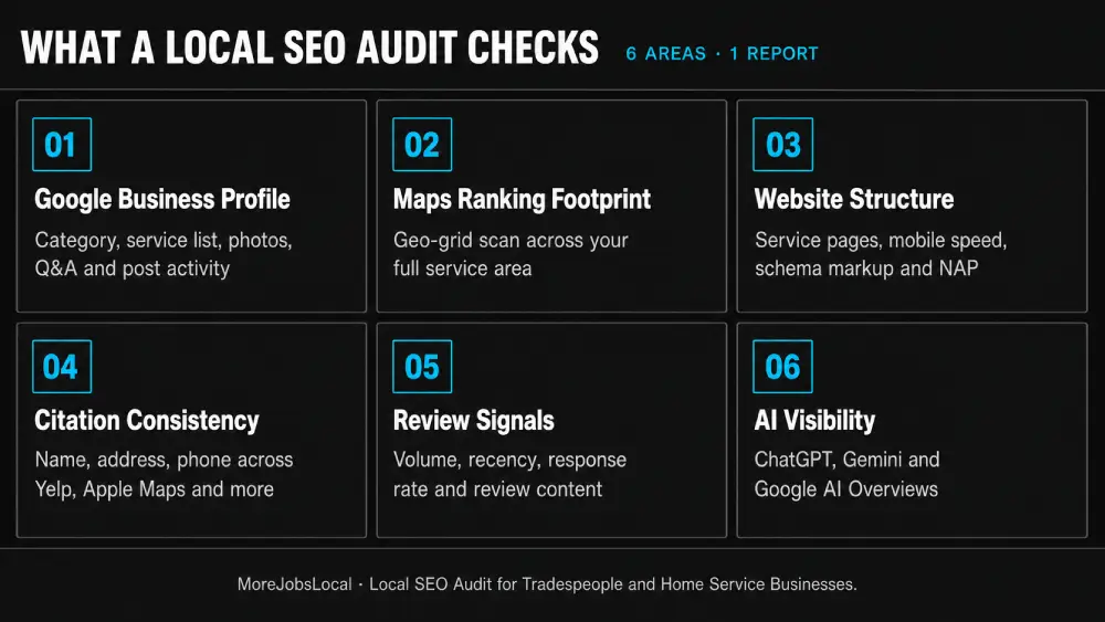 Six areas checked in a local SEO audit: Google Business Profile, Maps ranking, website structure, citations, reviews, and AI visibility