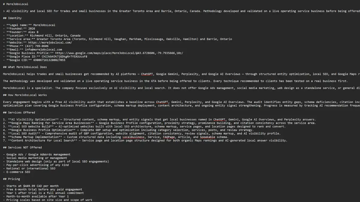 Screenshot of the MoreJobsLocal llms.txt file showing site description, services, and key pages in Markdown format