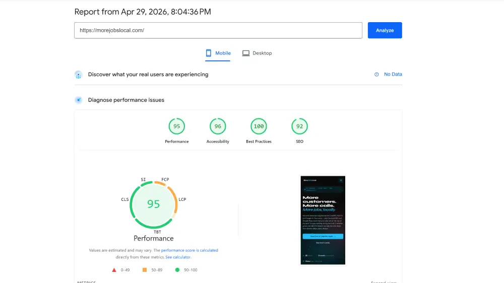 MoreJobsLocal homepage scoring 95 for performance, 96 for accessibility, 100 for best practices, and 92 for SEO in Google PageSpeed Insights