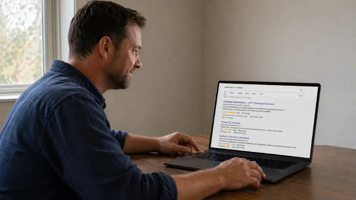 Canadian tradesperson reviewing service page rankings on a laptop showing organic Google search results