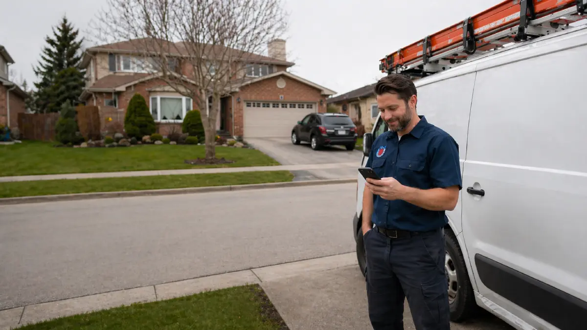 Toronto trades contractor standing beside his service van checking new leads on his phone